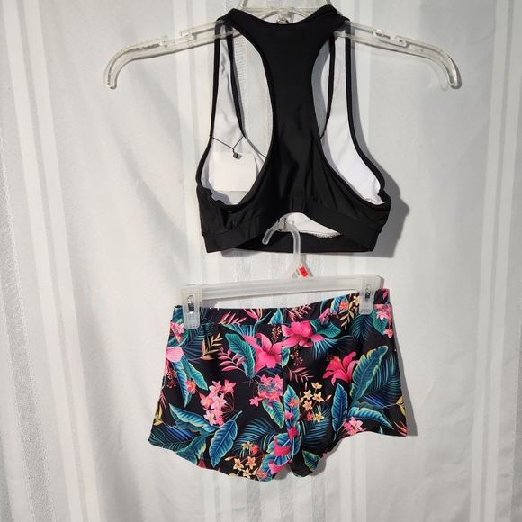 WENLY ZENG 2PC SWEATSUIT BLACK CROP TOP FLORAL PRINT  BOTTOM SIZE SMALL - Picture 6 of 13